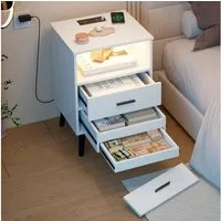 LVSOMT Nachttisch mit Geheimfach und LED, Drahtloses Laden, USB, Type-C (1-St., mit zwei Schubladen und einer versteckten Schublade), 40T x 45B x 65H, weiß/schwarz/grau