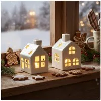 Levandeo® Teelichthalter, 2er Set LED Haus Weiß Porzellan Lichthaus Tischdeko Skandi Design