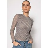 SASSYCLASSY Langarmshirt Mesh Langarmshirt mit Punkten für Damen Anliegendes Shirt aus Mesh mit gefütterter Vorderseite Beige Schwarz