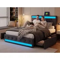 ADWOLT Stauraumbett Doppelbett Polsterbett mit Schubladen (Bettgestell, 1-tlg., 160x200 cm,Jugendbett Mit Kopfteil und Lattenrost,mit USB und Type-C), LED-Beleuchtung,Schubladen mit Rädern,Leinenmaterial,Grau