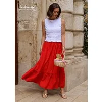 SASSYCLASSY Maxirock Maxi Rock mit Volant für Damen Femininer Rock mit bequemen Bund und schiwngendem Schnitt Rot