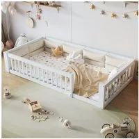 Flieks Kinderbett, Kinderbett Bodenbett Plattformbett 90x200cm mit Gitter und Kissen