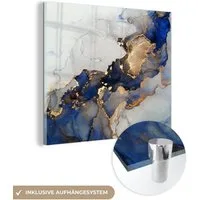 MuchoWow Acrylglasbild Marmor - Blau - Gold, Inkl. Aufhängung, Bilder auf Glas Wandbild, Wanddeko Wohnzimmer Badezimmer, 20x20 cm