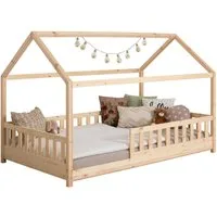 Ticaa Hausbett Kay mit Rausfallschutz aus Kiefer, Kinderbett 90x200, inkl. Dach, mit Rollrost