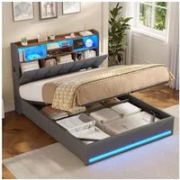 MSMASK Polsterbett Hydraulisches Stauraumbett mit LED-Bleuchtung, 90X200 cm (1-tlg., Ohne Matratze), Jugendbett mit USB- und Type-C-Anschlüsse, Leinenstoff