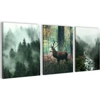Novart Wandbild Wald Natur Bilder Set 3 Teilig Wohnzimmer Schlafzimmer Deko, Hirsch