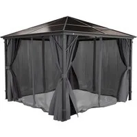 GARMIO Pavillon Pavillon mit Überdachung, Metallgestell Rom mit 4 Säulen, (solide, fest, mit Vorhang, mit Mückennetz, 2,7m Höhe, Zubehör zur Montage, 3x3m, Pavillon schwarz), wasserdicht, UV-Schutz, mit Polycarbonat Platten