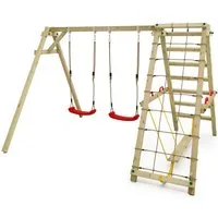 Wickey Doppelschaukel Smart Hike – Schaukel-Kletter-Kombi mit 10 Jahren Garantie*, (Kinderschaukel - Kreativer Spielspaß mit Klettern & Schaukeln kombiniert, Gartenschaukel mit zwei Sitzen & Kletteranbau), Robuste Holzschaukel mit Kletterelement und 