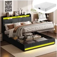 Furnishings Home Polsterbett LED Doppelbett Stauraumbett mit 7-Zonen Federkernmatratze, Mit LED-Beleuchtung, Regal-Kopfteil,  Lattenrost,Kunstleder, 140x200 cm