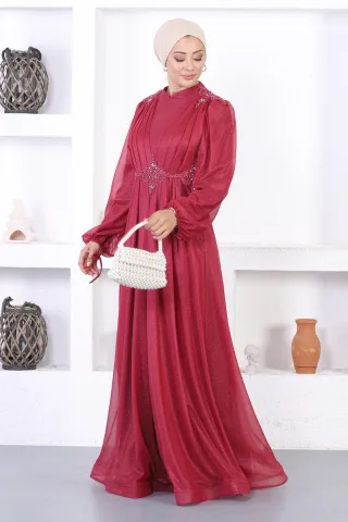 Perlen Spitzen Glitter Abendkleid Burgunderrot