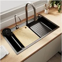 SONNI Küchenspüle Küchenspüle aus Edelstahl, Einbauspüle mit Wasserfall und Armatur, 75/24.5 cm, Spülbecken schwarz, Integriertes intelligentes Wasserhahn-System