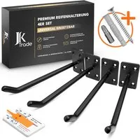 JK Trade Reifen-Wandhalterung 4er Set für Auto Felgen bis 40 kg, (bis 22 Zoll, 4x Reifenhalterung, 16x Schrauben & Dübel, Torx & Profiltiefenmesser, Massiver Stahl mit rutschfester Gummierung)