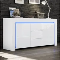 Merax Sideboard Hochglanz Anrichte mit LED-Beleuchtung (für Flur, Wohnzimmer, Büro, 1 St., 140×40×65cm), Kommode mit 2 Türen, 3 Schubladen & verstellbaren Einlegeböden