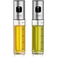 Arendo Ölspender 2x Ölsprüher, Glas, Skala 90 ml, rutschfester Sprühknopf, Glasflasche, (Set, 2-tlg., mit Silikonbürste, Reinigungsbürste und Trichter), für Salat Grillen Backen Kochen Heißluftfritteuse, Glasflasche