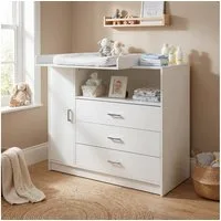 ecoMI Wickelkommode Wickeltisch Kommode mit abnehmbaren Wickelaufsatz in Weiß 113x100 cm, 3 Schubladen 1 Ablagefach 1 Tür mit 2 Fächern Abnehmbare Wickelauflage
