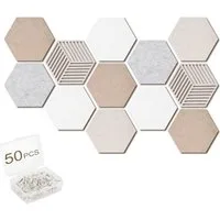 Agger Pinnwand Korktafel Memoboard Pinnwand 12 Stück Filz Pinnwand Sechseckig, Selbstklebende DIY Pinnwand Kork mit 50 Stück Durchsichtig Pushpins