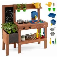 KOMFOTTEU Outdoor-Spielküche Matschküche Kinderküche, mit Tafel, Herden & Pflanzkasten