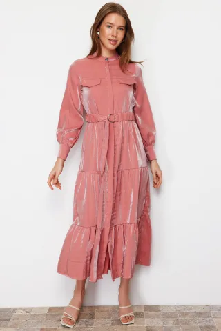 Langes, elegantes, schlichtes, modisches Kleid in Rosa, Unifarben, reguläre Passform