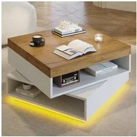 Merax Couchtisch mit LED-Beleuchtung, Kaffeetish quadratische Sofatisch Beistelltisch (1-St), Wohnzimmertisch mit 360°Drehfunktion & großzügigem Stauraum,65x65x40cm