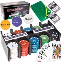 MALATEC Spielesammlung Pokerset Texas Hold'em 200 Chips, Strategiespiel Poker, Enthält 200 Chips, 2 Kartendecks, 3 Funktions-Tokens, grünes Spieltuch
