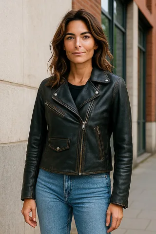 Schwarze klassische Brando-Biker-Lederjacke für Damen im Vintage-Stil – Secunda