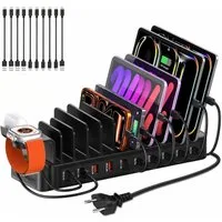 Toomoke 100W Ladestation für mehrere Geräte, 10-Port USB-C Ladestation (USB-A Ladegerät mit Tablet- und Smartphone-Halterung, inkl. 10 Ladekabeln, für iPhone 17/16/15, Galaxy S25/S24, iPad und mehr)