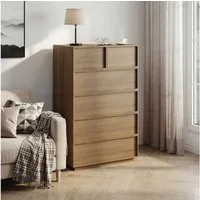BBWL Stauraumschrank Kommode 6 Schubladen Holz Eiche hoch modern Wohnzimmer stabil grifflos Aufbewahrungsschrank Sideboard, 80 x 48 x 127 cm