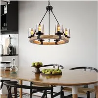 GLOBO LIGHTING Kronleuchter, Leuchtmittel inklusive, Warmweiß, Kronleuchter Pendellampe Esszimmerleuchte 6-flammig Metall Holz