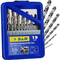S&R Metallbohrer Industrie-Qualität, extra hohe Standzeit,118° Spitzenwinkel, HSS-Stahl, (Set, 19-teilig, ø 1-10 mm), DIN 338, geschliffen, Stahlbohrer-Satz, in praktischer Metallbox