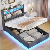MSMASK Polsterbett mit LED-Beleuchtung und integrierter Ladestation, Stauraum-Kopfteil (Ohne Matratze), Jugendbett mit hydraulischem Stauraum, 90 x 200cm