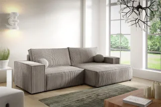 OUTLET Ecksofa Schlafsofa CORUNIA XS Stoff Poso Hellbraun Ottomane Rechts