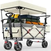 TRESKO Bollerwagen TRESKO Faltbarer Bollerwagen Handwagen (Feststellbremsen (Vorne & Hinten) und 3-Punkt-Gurt, max. belastbar bis 150kg Transportwagen mit Vollgummireifen), Faltbar mit Dach, Kühlfach & Seitenrollos Handwagen