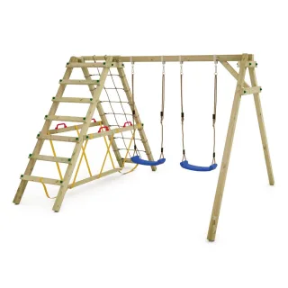 Holzschaukel Smart Hike mit Kletteranbau - Abenteuerspielplatz mit Doppelschaukel, Kletternetz & Leiter für den Garten - Spielturm von Wickey