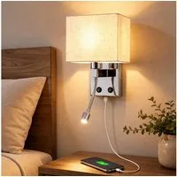 Nettlife Wandleuchte innen Schalter Moderne Wandlampe E27 Stoffschirm, ohne Leuchtmittel, USB-Ladeanschluss 2W Leselampe Stoffschirm für Schlafzimmer Hotel Flur