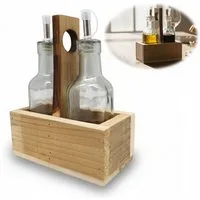LS-LebenStil Menage-Set Holz Menage Essig- und Ölspender Set 2x Ölflasche Ausgießer Olivenöl V, (Holzständer mit Griff Ausgießer Olivenöl Speiseöl Vinaigrette Ölflasche, 3-tlg., 2x Glasflaschen 200ml), Fundholz - jede Menage ist ein Unikat