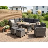 KONIFERA Gartenlounge-Set Keros Premium, (Set, 20-tlg., 2x 2er Sofa, 1x Ecke, 1x Sessel, 2x Hocker, 1x Tisch 145x75x67,5cm), Ecklounge, Polyrattan, Stahl, geeignet für 8 Personen, inkl. Auflagen