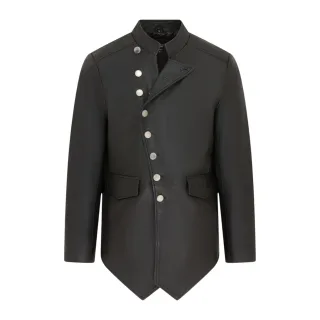 Herren schwarze Leder-Mandarin-Militärjacke – Lucifer