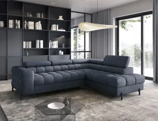 Ecksofa mit Schlaffunktion Sofa AMARA Stoff Whisper Dunkelblau Ottomane Rechts