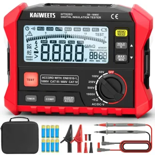 EU US Direct KAIWEETS KE1000 Insulation Resistance Tester 3MΩ to 100GΩ 750V AC 1000V DC Multimeter with DAR PI Auto Calc