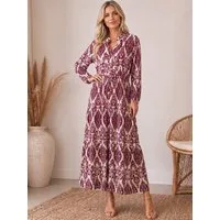 Kendindza Collection Maxikleid Sommerkleid Damen Lang Viskose Elegantes Sommer Kleid lang Maxi Kleid Ikat-Print Knopfleiste & Schnurbund, Luftig Leicht
