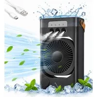 MOPUEA Ventilatorkombigerät Tragbarer Luftkühler mit 3 Stufen, 7 LED-Farben und USB-Betrieb, Wasserkühlung 600ML,4-in-1 Klimaanlage für Zimmer, Sprühfunktion