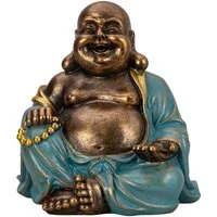 Geschenkestadl Buddhafigur Lachender dicker Buddha Figur 23cm gold türkis fröhlich sitzend