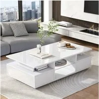 REDOM Couchtisch mit LED-Beleuchtung & transparenten Glasablagen (Packung, 1-St., Elegant als Tee-, Kaffee- oder Wohnzimmertisch einsetzbar), 100x50x36 cm in Weiß, mit 2 Schubladen & offenem Stauraum