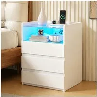 MSMASK Nachttisch mit LED-Beleuchtung und Steckdosen, 3 Schubladen, 45x35x61cm (1-St), Nachtschrank mit Sichtbarer Glastischplatte