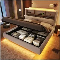 Merax Polsterbett 140×200cm mit LED-Lichtleiste und USB- & Typ-C-Anschlüssen (mti hochwertigem Leinenbezug, 1-tlg., Jugendbett Stauraumbett Mehrzweckbett mit schwebendem Design), Doppelbett mit hydraulischem Stauraum & klappbarem Kopfteilfach,Leinen