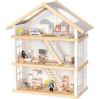goki Puppenhaus 3 Etagen, komplett möbliert inkl. Puppenfamilie