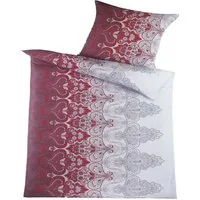 KH-Haushaltshandel Bettwäsche Seersucker Bettwäsche 135x200 +80x80cm, Ornamente, Seersucker, 2 teilig, rot grau weiß, bügelfrei