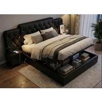LVHOM Boxspringbett 160x200cm/180x200cm Bettgestell, Samt/PU, diamantgeprägtem Knopf-Design (Kunstlederbett, gepolsterter stabiler Metallrahmenkonstruktion mit flexiblen Nachttischlampe, USB-Ladeanschlüssen, Bettkasten, hydraulischem Stauraum-System,