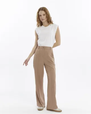 Damen Doppelt Krepp Grasnaht Detailed Tasche Palazzo-Hose Nerz