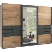 luma-home Schwebetürenschrank 22503 (B270/H208/T64 cm Kleiderschrank mit Vollausstattung, schwarzen Griffleisten) 6 sichtbaren Schubladen,Rahmenspiegel, Eiche Dekor m.Absetz. in Grafit
